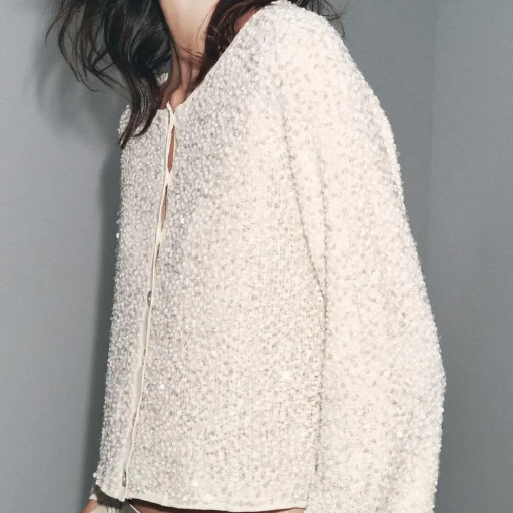 ZARA SEQUIN KNIT CARDIGAN BOAT NECK BUTTON FRONT NWT SIZE L - Picture 2 of 10